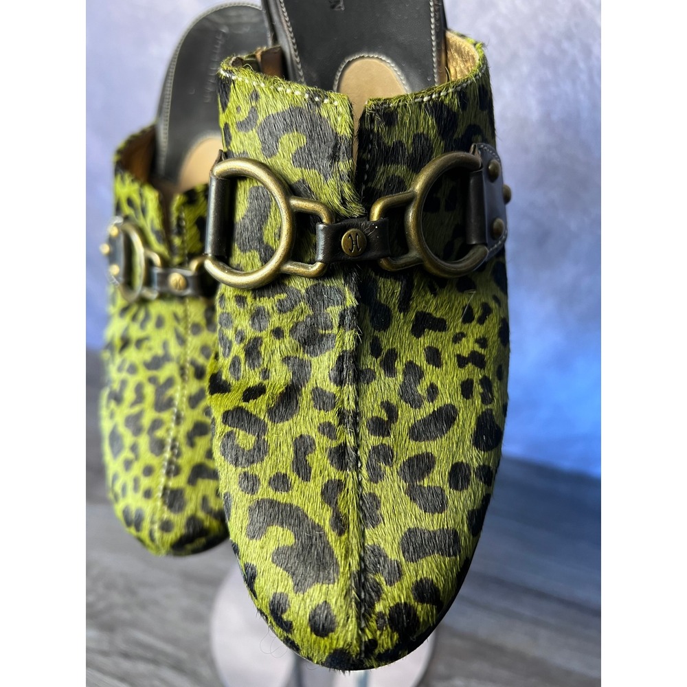 Cole Haan Green Leopard Calf Hair Wedge Mules Size 7AA Clogs Buckles Vintage - Picture 2 of 6